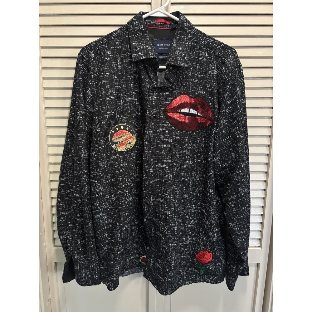 Silver Stone Button Up Long Sleeve Shirt 2XL (runs Small) Large Sequins Patches